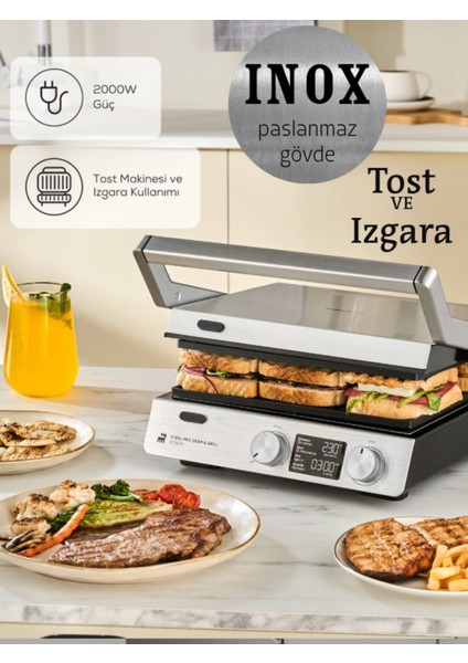 Döküm Plakalı, Dijital Zaman ve Sıcaklık Ayarlı, Izgara ve Tost Makinesi