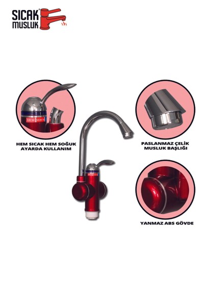 Kırmızı Elektrikli Ani Su Isıtıcı, Termal Şofben ve Musluk, Pratik ve Güvenli Kullanım fırsatları