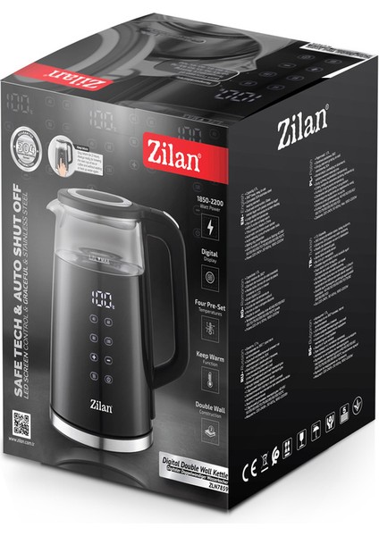 Dijital Çift Duvarlı Su Isıtıcı, 1.7l, Ayarlanabilir Isı, Siyah Renk, 2200W