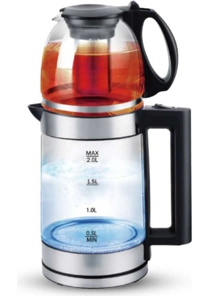 Gri 2l Cam Çaycı Kettle, Filtreli, Sıcak Tutma Özelliği Yok, Dayanıklı ve Şık Tasarım