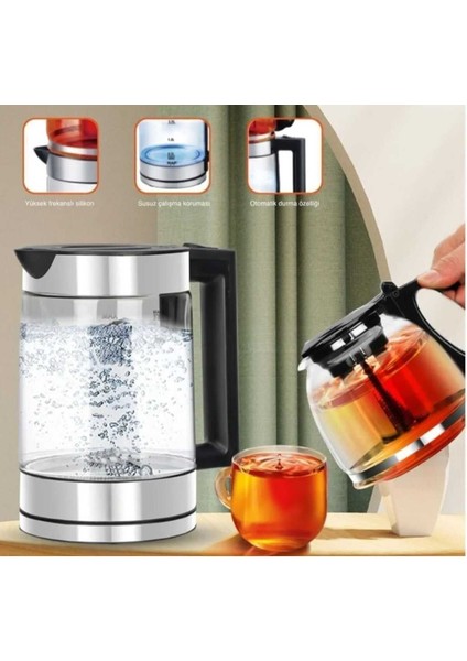 Gri 2l Cam Çaycı Kettle, Filtreli, Sıcak Tutma Özelliği Yok, Dayanıklı ve Şık Tasarım fiyatları