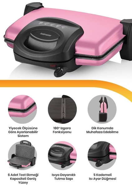 Pembe Granit Tost ve Izgara Makinesi, 5 Kademe Ayar, Çıkarılabilir Plakalar modelleri