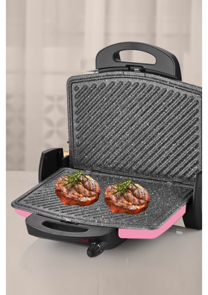 Pembe Granit Tost ve Izgara Makinesi, 5 Kademe Ayar, Çıkarılabilir Plakalar