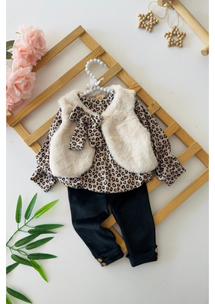 Kürklü Bolerolu Kız Bebe Leopar Kadife 3 lü takım - Siyah