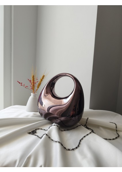 Modern Tasarım Oval Tutmalı Metalik Kadın Düğün, Nişan, Abiye Çanta