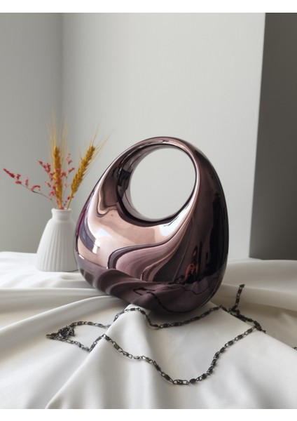 Modern Tasarım Oval Tutmalı Metalik Kadın Düğün, Nişan, Abiye Çanta modelleri