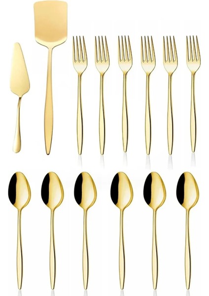 Gold Dine 14 Parça Tatlı Kaşığı Çatal ve Pasta Spatula Servis Seti | Gold| 18/10 Paslanmaz Çelik
