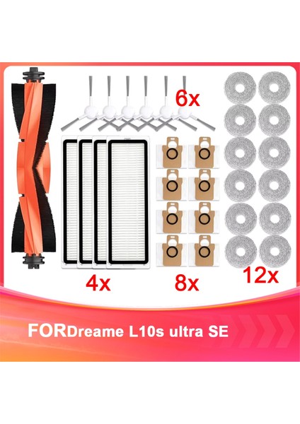 Dreame L10S Ultra Se Robot Süpürge Yedek Parçaları Kauçuk Ana Yan Fırçalar Paspas Bezleri Hepa Filtreler Toz Torbası Aksesuarları (Yurt Dışından)