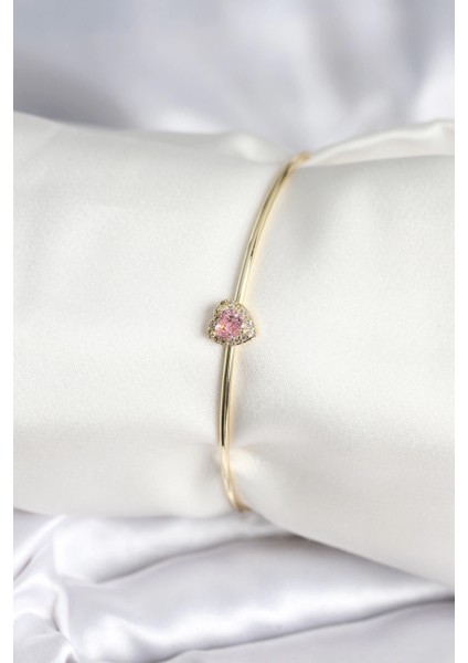 Bfs Pembe Zirkon Taşlı Kalp Model Gold Renk Kadın Bileklik