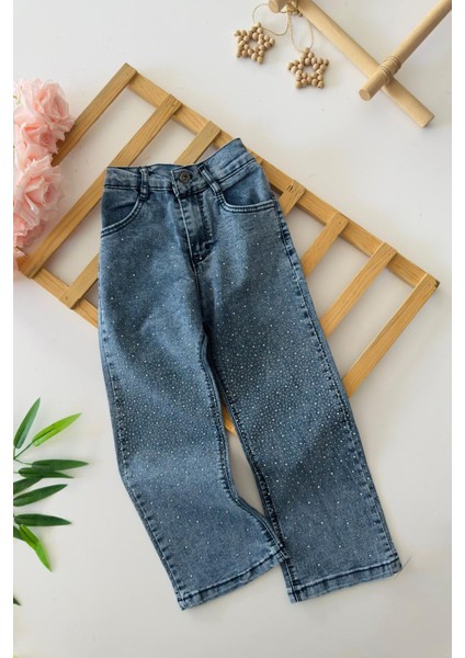 Taşlı Kız Çocuk Kot pantolon - Mavi