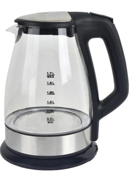 1.7 L Cam Kettle, Işıklı, Gri, Şık ve Kullanışlı Elektrikli Su Isıtıcı