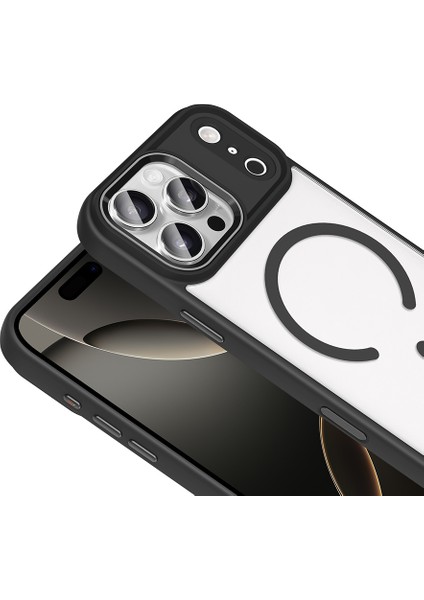 iPhone 17 Pro Kılıf Wireless Şarj Özellikli Zore Krom M-Safe Silikon Kapak - Siyah