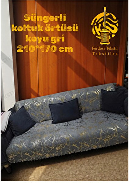 Gri Kadife Koltuk Çekyat Örtüsü Altın Varaklı Modern Tasarım 1 ADET indirimleri