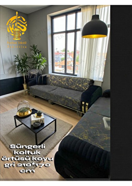 Gri Kadife Koltuk Çekyat Örtüsü Altın Varaklı Modern Tasarım 1 ADET