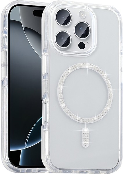 iPhone 15 Pro Max Kılıf Taşlı Tasarım M-Safe Şarj Özellikli Zore Koment Silikon Kapak - Gümüş fiyatları