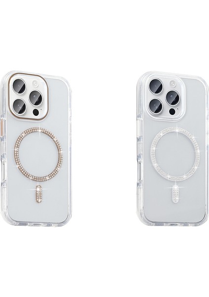 iPhone 15 Pro Max Kılıf Taşlı Tasarım M-Safe Şarj Özellikli Zore Koment Silikon Kapak - Gümüş