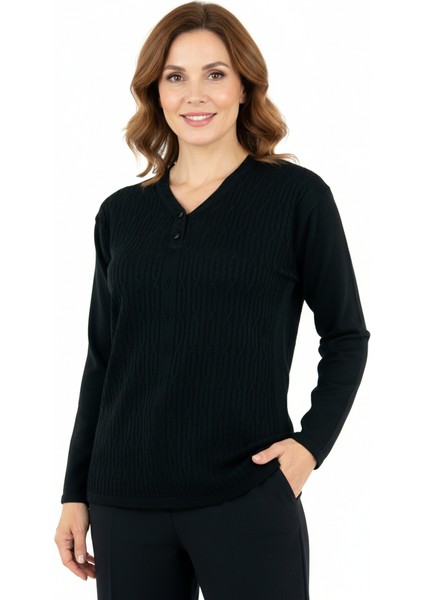 Kadın Kışlık Kendinden Motifli Iki Düğmeli Armut Yakalı Normal Kesim Likralı Pamuklu Triko Dokuma Anne Kazak