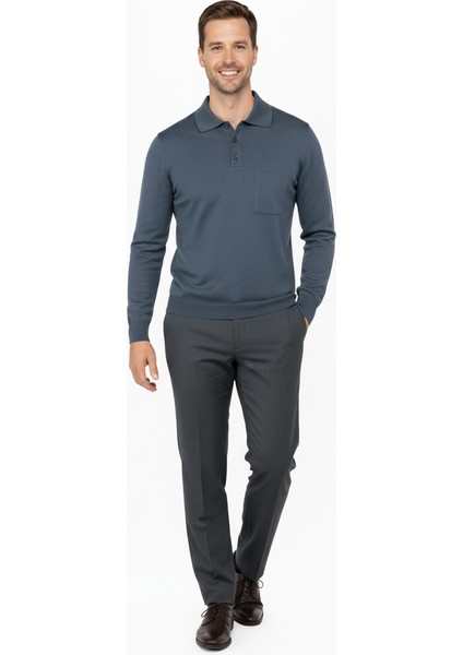 Erkek Kışlık Düz Renk Rahat Kesim Cepli Gömlek Yaka Ince Yün Kazak