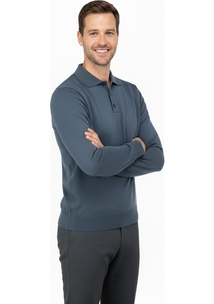 Erkek Kışlık Düz Renk Rahat Kesim Cepli Gömlek Yaka Ince Yün Kazak