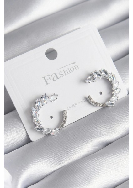 Pirinç Gümüş Renk Zirkon Taşlı Kadın Küpe - TJ-BKP8510