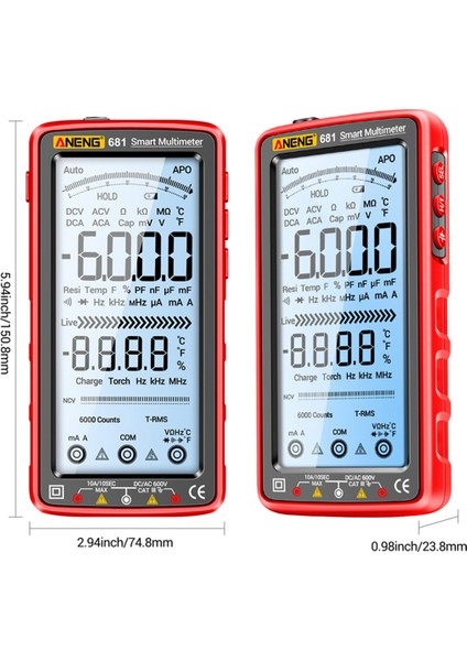 Aneng 681 Şarj Edilebilir Dijital Multimetre Iletişim Olmayan Voltaj Test Cihazı Ac/dc Voltaj Ölçer LCD Ekran Akım Test Cihazı Kırmızı (Yurt Dışından) fiyatları