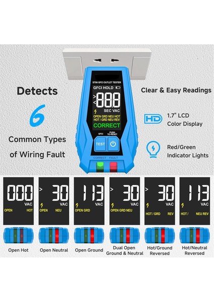 Standart 3WIRE 110-125V Ac Elektrik Çıkış Testi Abd Fişi Için Gfcı ile LCD Ekran Resim Test Cihazı ile Outlet Test Cihazı (Yurt Dışından) modelleri
