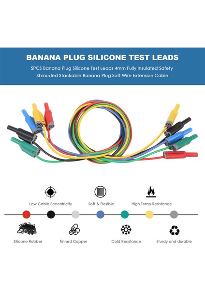 5pcs Muz Fiş Silikon Testi Kurşunlar 4 mm Tamamen Yalıtılmış Güvenlik Örtüslü Istiflenebilir Muz Tapa Yumuşak Tel Uzatma Kablosu (Yurt Dışından) fırsatları