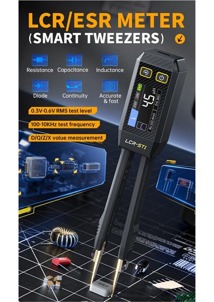 Fnirsi Lcr-St1 Mini Akıllı Tweezer Lcr Smd Esr Test Cihazı Direnç Kapasitans Endüksiyon Süreklilik Diyot Ölçüm Testi (Yurt Dışından)