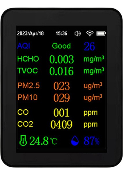 12 Hava Kalitesi Monitörü Co2 Monitör Saat/ Tarih Ekran Wifi Pm2.5 PM10 Co2 Co2 Tvoc Hcho Aqı Tester, Siyah (Yurt Dışından)