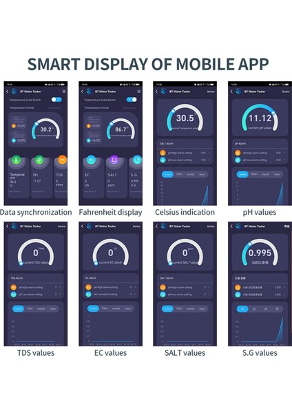 Bluetooth 6 In-1 Tds Metre Dijital Su Test Cihazı Ec Tds Tuz Sg Sıcaklık Ph Metre Akvaryum Su Test Cihazı (Yurt Dışından) modelleri