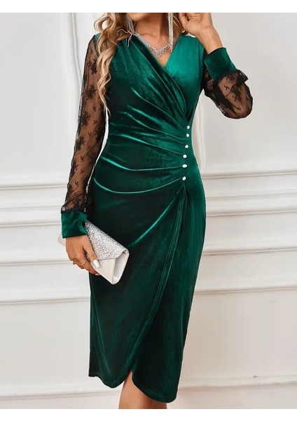 Kadın Uzun Kollu Kruvaze Yakalı Yandan Düğmeli Önden Çapraz Kesin Detaylı Midi Kadife Elbise fırsatları