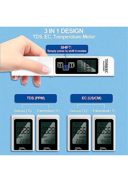 3&#39;ü 1 Arada Tds Metre Dijital Su Test Cihazı (Tds, Sıcaklık ve Ec Metre), Hidroponik, Içme Suyu Için 0-999PPM Ppm Metre (Yurt Dışından) modelleri