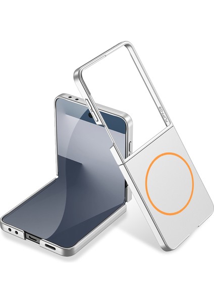 Galaxy Z Flip 7 Kılıf Wireless Şarj Özellikli Zore Kıpta M-Safe Kapak - Gümüş