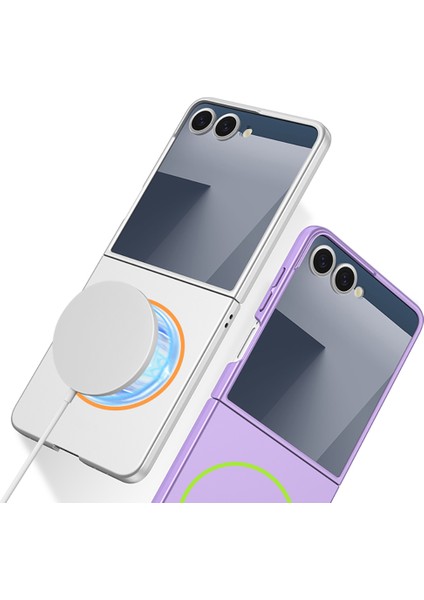 Galaxy Z Flip 7 Kılıf Wireless Şarj Özellikli Zore Kıpta M-Safe Kapak - Gümüş modelleri