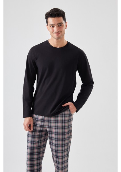 Erkek Pamuklu Uzun Kollu Yamalı Ekose Desenli Pijama Takımı