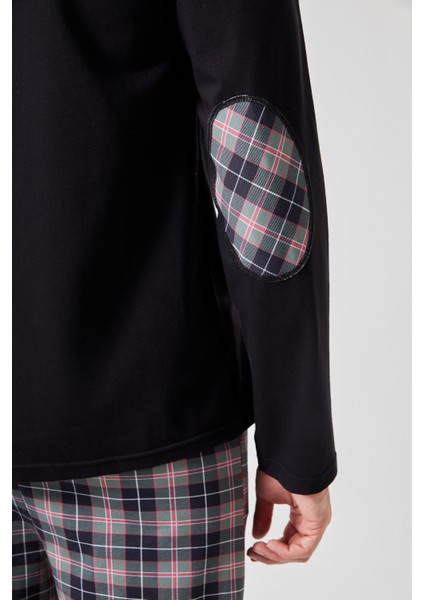 Erkek Pamuklu Uzun Kollu Yamalı Ekose Desenli Pijama Takımı modelleri