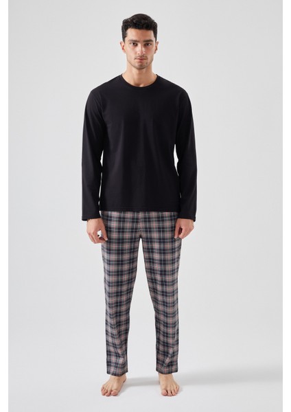 Erkek Pamuklu Uzun Kollu Yamalı Ekose Desenli Pijama Takımı fırsatları
