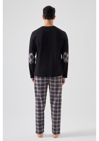 Erkek Pamuklu Uzun Kollu Yamalı Ekose Desenli Pijama Takımı indirimleri