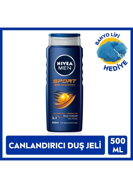 Nıvea Men Erkek Duş Jeli Sport 500ML, Canlandırıcı Etki, Mineral, Vücut Saç ve Yüz, Banyo Lifi Hediyeli