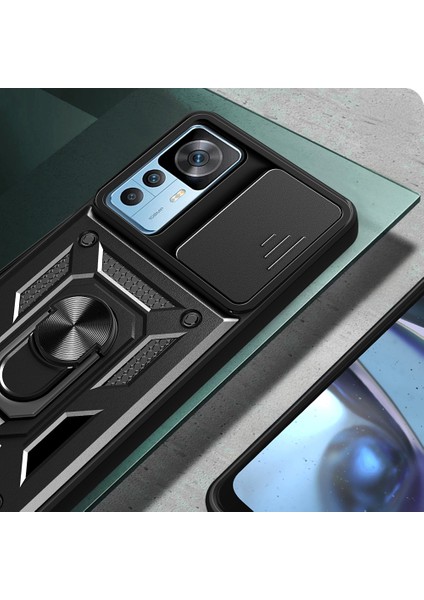 Mi 12T Pro Kılıf Magnetik Standlı Kamera Korumalı Tchs Sürgülü Vega Kapak - Mavi