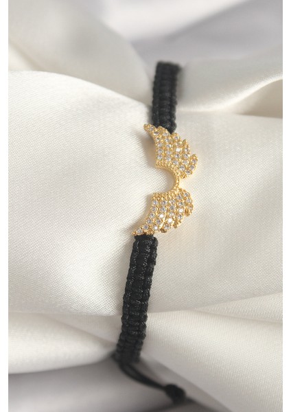 Pirinç Gold Renk Zirkon Taşlı Kanat Figür Asansörlü Makrome Model Kadın Bileklik - Lisinya