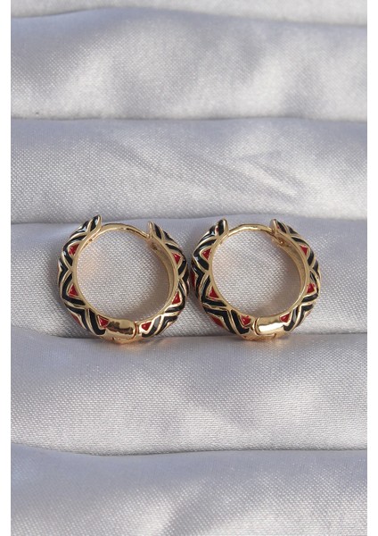 Pirinç Gold Renk Siyah Etnik Desenli Halka Küpe - TJ-BKP9073