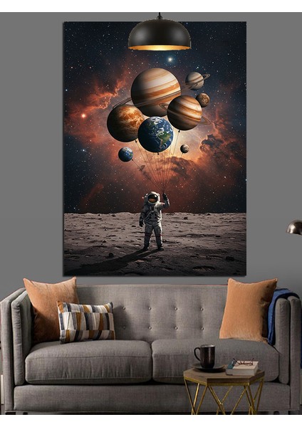 Astronot ve Gezegenler Manzarası Dekoratif Kanvas - Mdf Ahşap Tablo