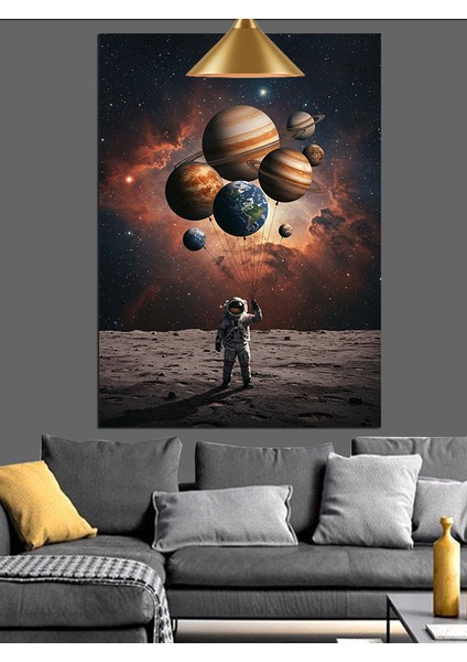 Astronot ve Gezegenler Manzarası Dekoratif Kanvas - Mdf Ahşap Tablo fırsatları