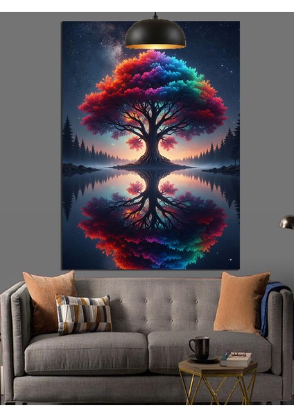 Kırmızı Mavi Işıklı Hayat Ağacı Dekoratif Kanvas - Mdf Ahşap Tablo
