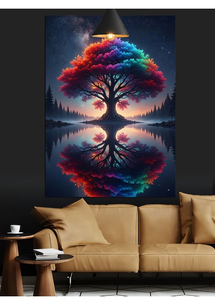 Kırmızı Mavi Işıklı Hayat Ağacı Dekoratif Kanvas - Mdf Ahşap Tablo modelleri