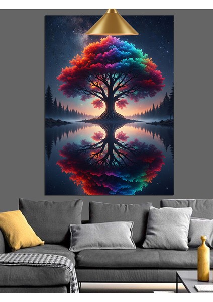 Kırmızı Mavi Işıklı Hayat Ağacı Dekoratif Kanvas - Mdf Ahşap Tablo fırsatları