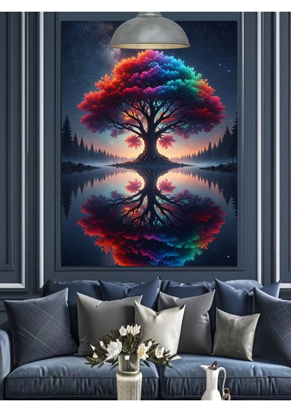 Kırmızı Mavi Işıklı Hayat Ağacı Dekoratif Kanvas - Mdf Ahşap Tablo indirimleri