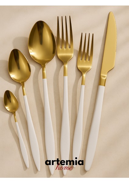 Gold Dine Beyaz 48 Parça Çatal Kaşık Bıçak Takımı | Gold | 8 Kişilik | 18/10 Paslanmaz Çelik