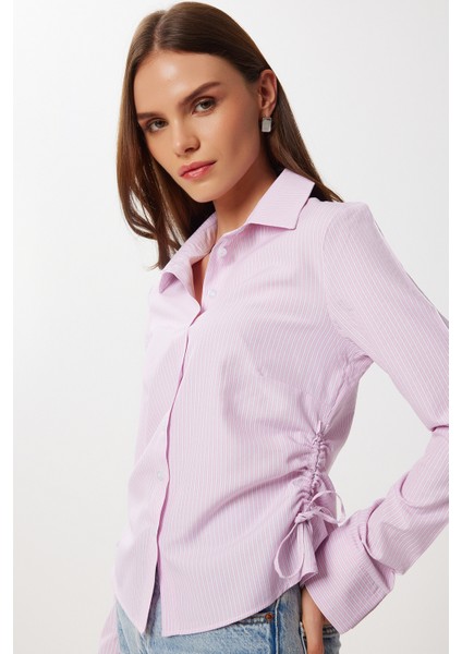 Yan Büzgülü Çizgili Dokuma Gömlek LDZ0053 Pembe Beyaz
